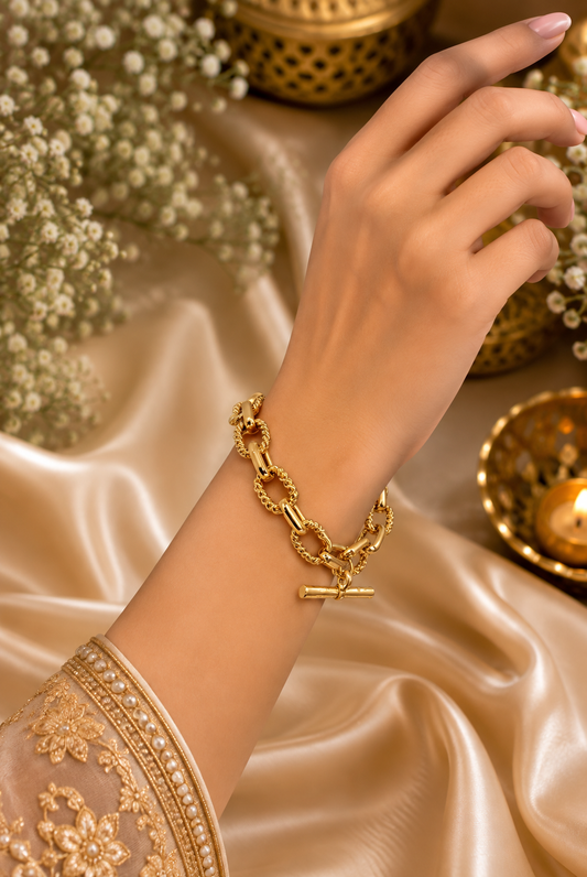 Gold Textured Link Toggle Bracelet