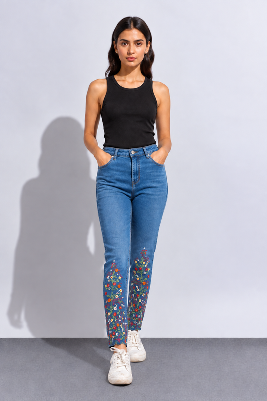 Women’s Floral Embroidered Blue Denim Jeans