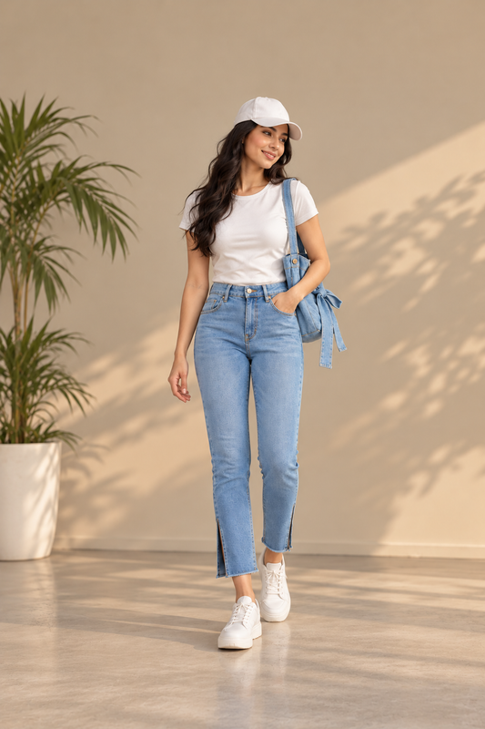 Women’s Raw Hem Light Blue Skinny Denim Jeans