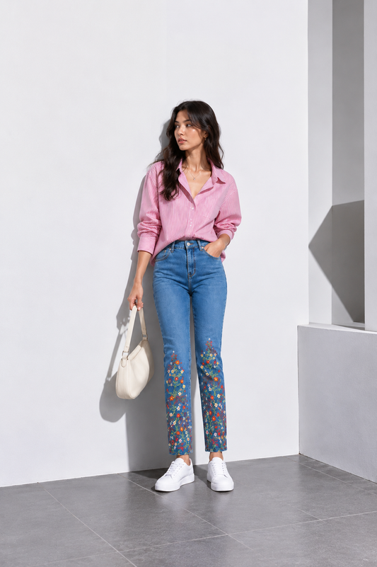 Women’s Floral Embroidered Blue Denim Jeans