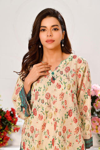 1 Pc | RTW | Digital Printed Delicate Florals Lawn Shirt With Gold Zari