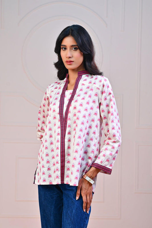 1 PC | RTW | Digital Printed Cotton Satin Lace Pink Shirt