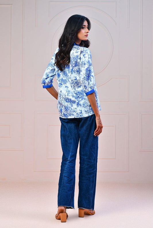 1 PC | RTW | Digital Printed Cotton Satin Azure Blue Shirt