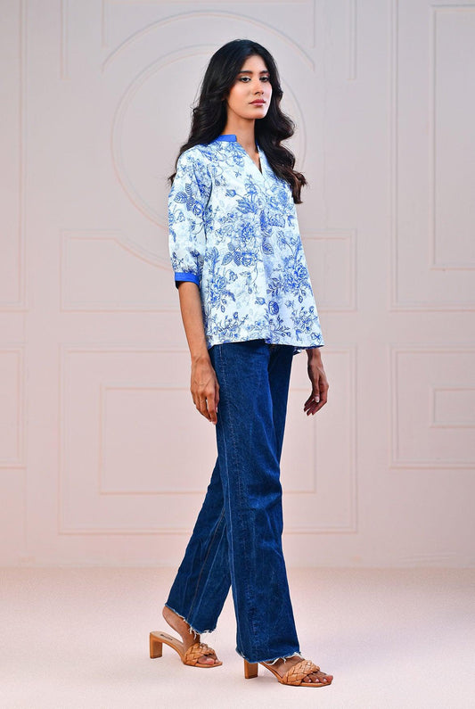 1 PC | RTW | Digital Printed Cotton Satin Azure Blue Shirt