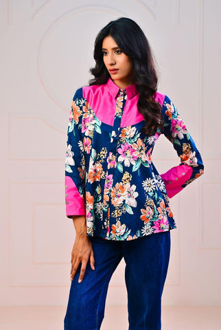 1 PC | RTW | Digital Printed Cotton Mystic Navy Satin Shirt