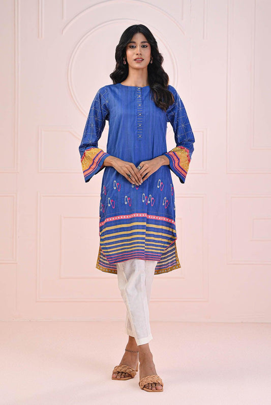 1 PC | RTW | Digital Printed Embroidered Lawn Shirt Royal Blue