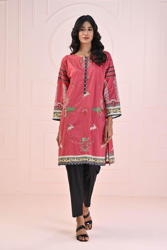 1 PC | RTW | Digital Printed Embroidered Lawn Shirt Vibrant Pink