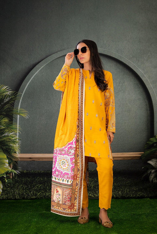 3PC | Emb. Khaddar Shirt, Trouser & Dupatta |RTW