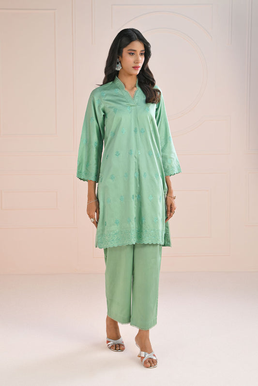 2 Pcs Shirt & Trouser | RTW | Dyed Embroidered Cotton Satin