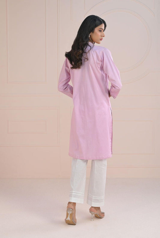 1 Pc | RTW | Dyed Embroidered Light Purple Cotton Satin Shirt