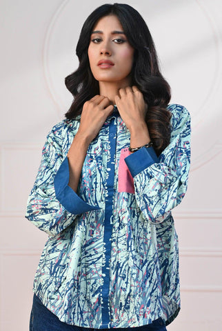 1 PC | RTW | Digital Printed Cotton Satin Maya Blue Shirt