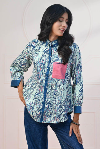 1 PC | RTW | Digital Printed Cotton Satin Maya Blue Shirt