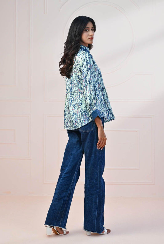 1 PC | RTW | Digital Printed Cotton Satin Maya Blue Shirt