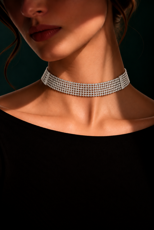 Silver Crystal Mesh Choker Necklace