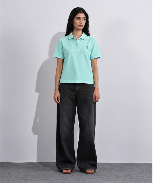 Aqua Blue Embroidered Polo T-Shirt