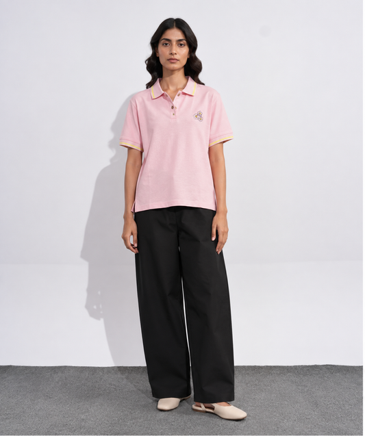 Blush Pink Floral Embroidered Polo T-Shirt