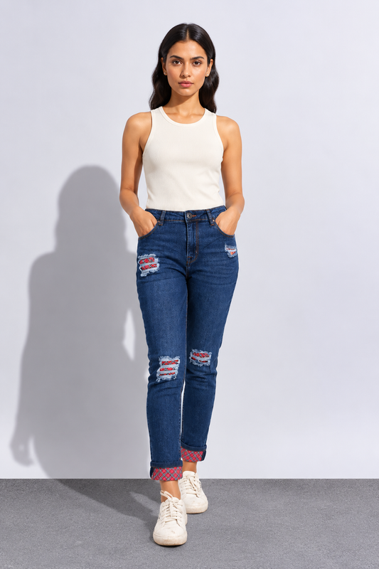 Women’s Distressed Embroidered Dark Blue Denim Jeans