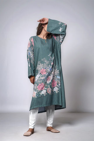 1PC | Teal Green Floral Print | Viscose Slub Shirt | RTW