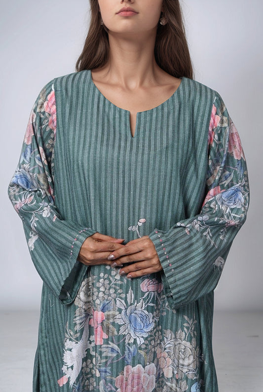 1PC | Teal Green Floral Print | Viscose Slub Shirt | RTW