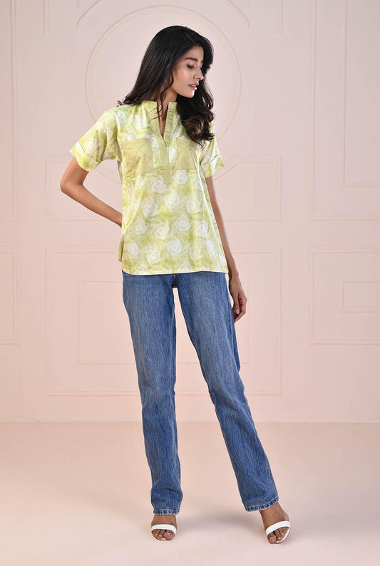 1 PC | RTW | Digital Printed Lime Cotton Satin Shirt