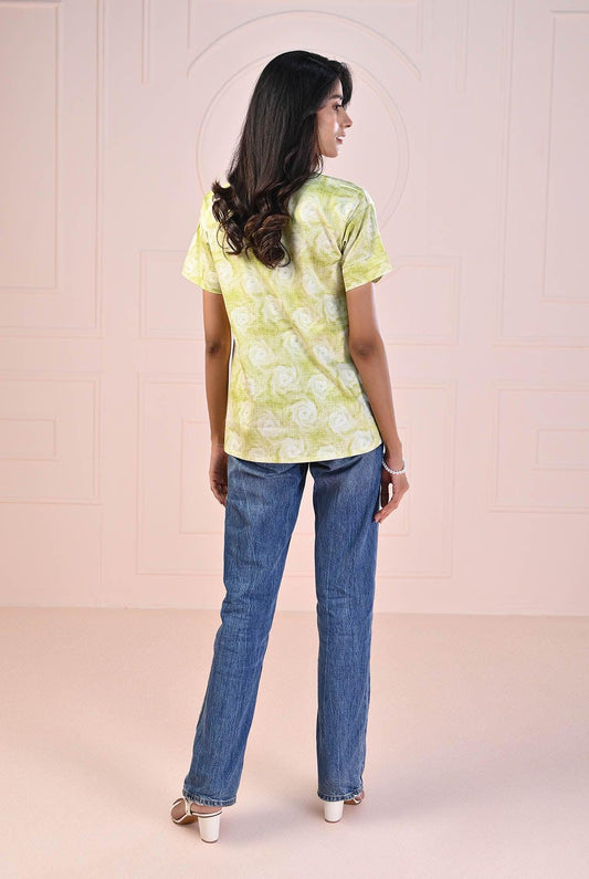 1 PC | RTW | Digital Printed Lime Cotton Satin Shirt