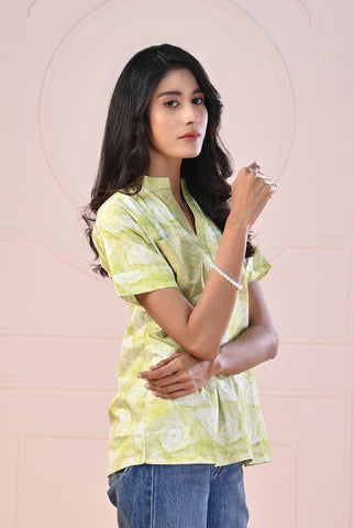 1 PC | RTW | Digital Printed Lime Cotton Satin Shirt