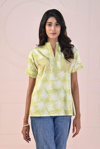 1 PC | RTW | Digital Printed Lime Cotton Satin Shirt