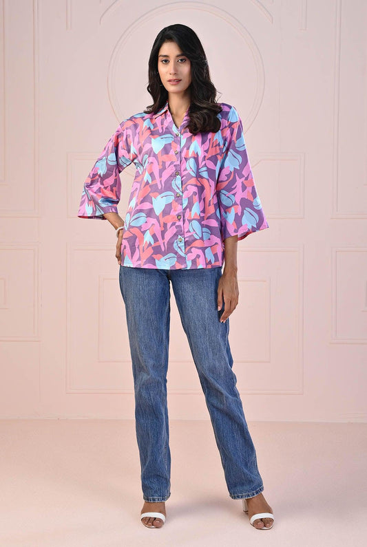 1 PC | RTW | Digital Printed Floral Cotton Satin Shirt