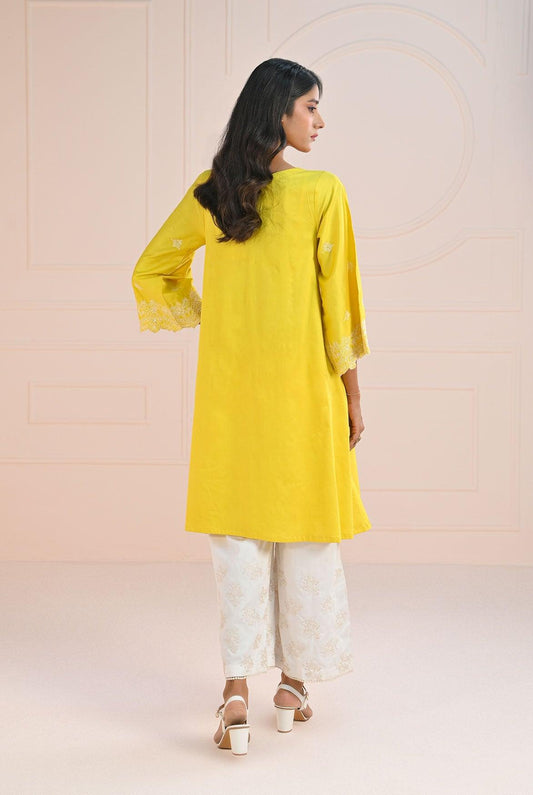 1 Pc | RTW | Dyed Embroidered Bright Yellow Cotton Satin Shirt