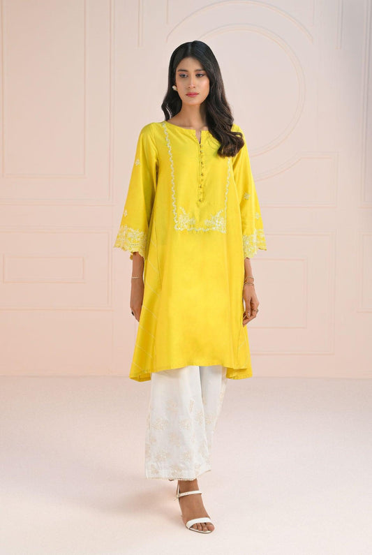 1 Pc | RTW | Dyed Embroidered Bright Yellow Cotton Satin Shirt