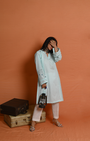 1Pc | Printed Lawn Minimalist Light Blue Textured Kurti | RTW