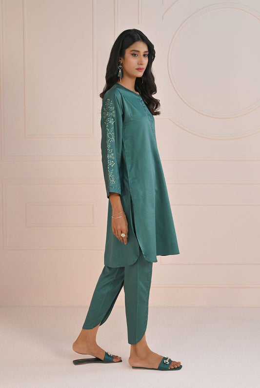 2 Pcs Shirt & Trouser | RTW | Dyed Embroidered Cotton Satin