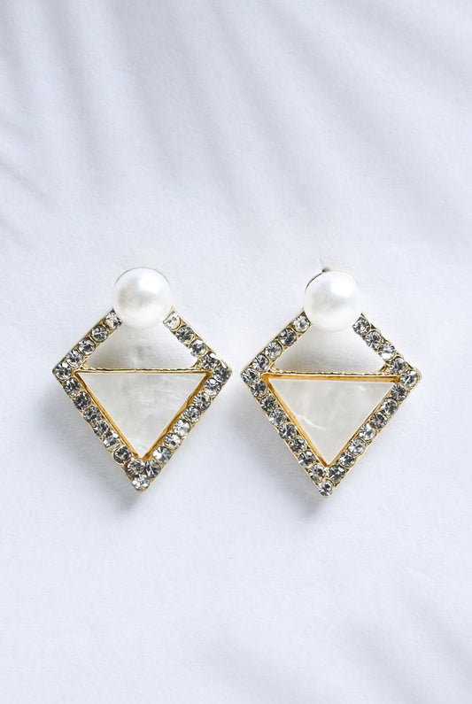 Diamond shaped studs with zircon stone and pearl