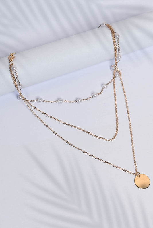 Multi layered pendant with pearl and gold chain necklace