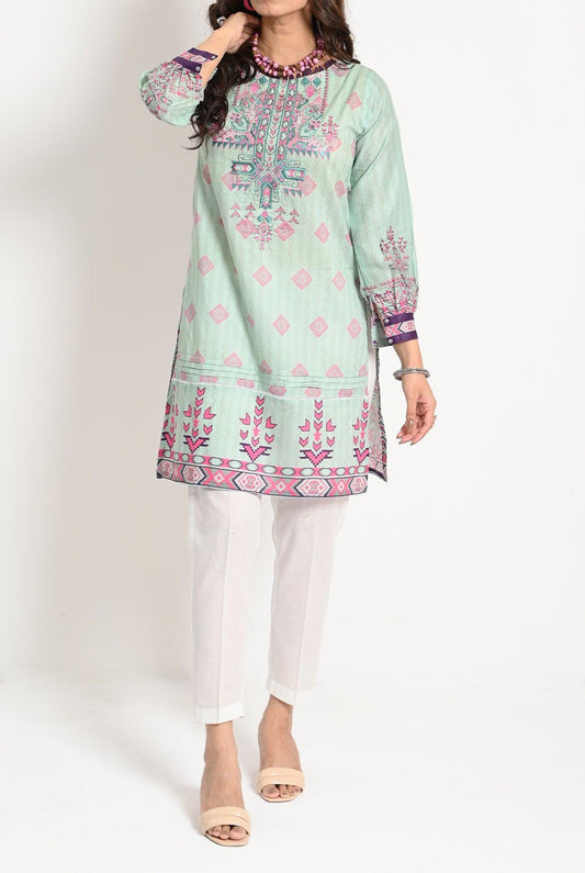 1PC | EMB. MINT GREEN LAWN KURTI |RTW