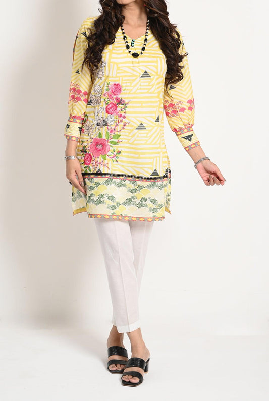 1PC | EMB. LAWN PARMESEAN YELLOW KURTI |RTW