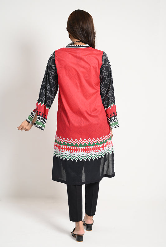 1PC | LAWN BOLD RED WITH STRIKING BLACK AND GEOMETRICC PATTERNS KURTI |RTW