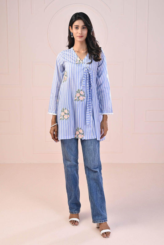 1 PC | RTW | Digital Printed Embroidered Lawn Shirt Light Blue with White stripes