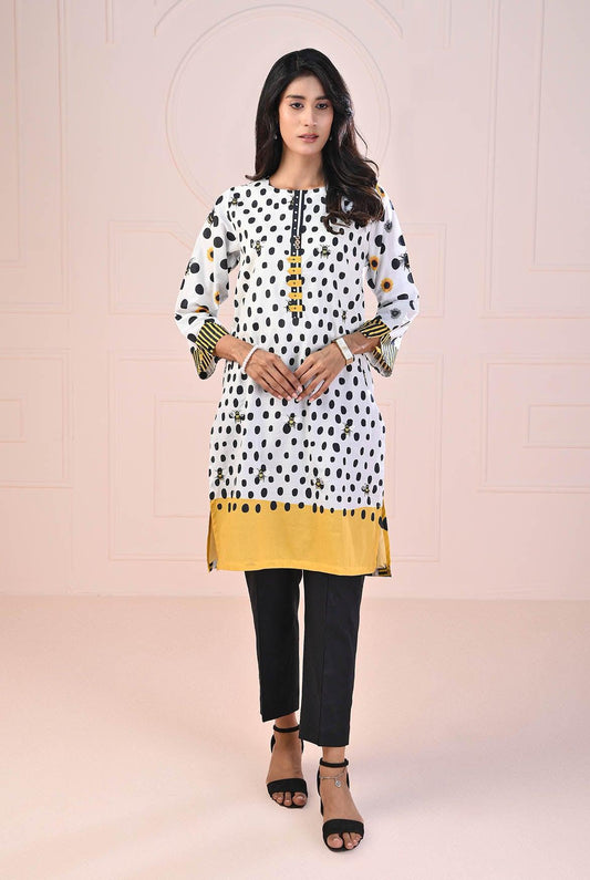 1 PC | RTW | Digital Printed Embroidered Lawn Shirt with Polka Dots and Sunflowers