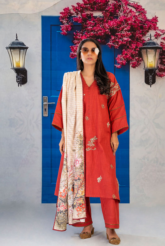 3PC | Emb. Cross hatch Shirt, Trouser & Dupatta |RTW