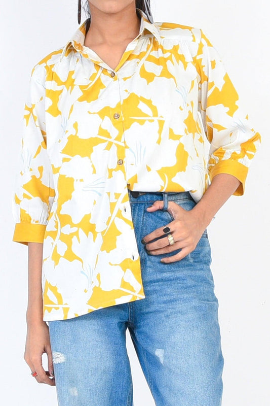 1PC | DIGITAL PRINTED COTTON SATIN Yellow SHIRT |RTW