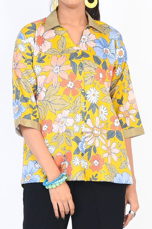 1PC | DIGITAL PRINTED COTTON SATIN YELLOW SHIRT |RTW