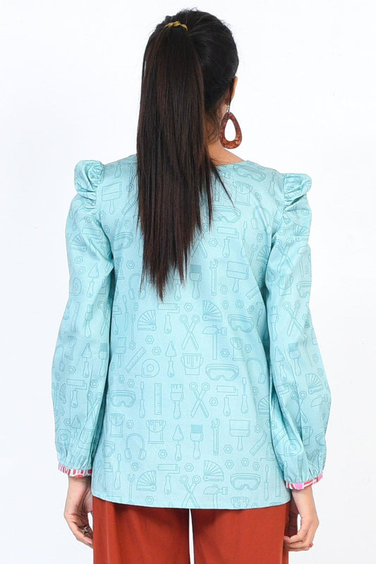 1PC | DIGITAL PRINTED COTTON SATIN Sky Blue SHIRT |RTW